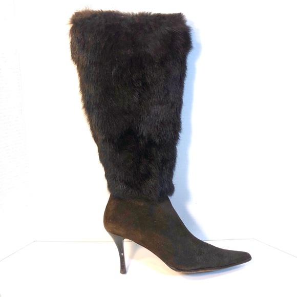 SAKS FIFTH AVENUE Dark Brown Rabbit Fur and Suede Knee High Boots - Picture 2 of 12